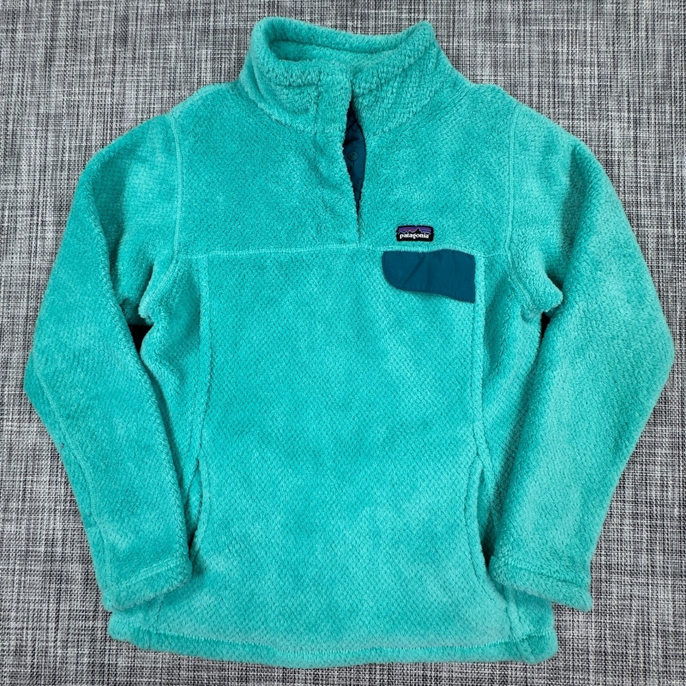 Patagonia Girls Large 12 Re-Tool Snap-T Fleece Pullover Teal Blue Chest Pocket